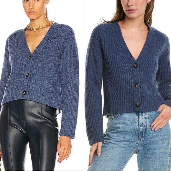 Ganni Rib Knit Cardigan Dutch Blue Boxy Wool Cropped Sweater - Picture 9 of 9